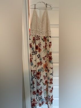 Maurices Cream Maxi Dress with Crochet Bodice and Floral Print